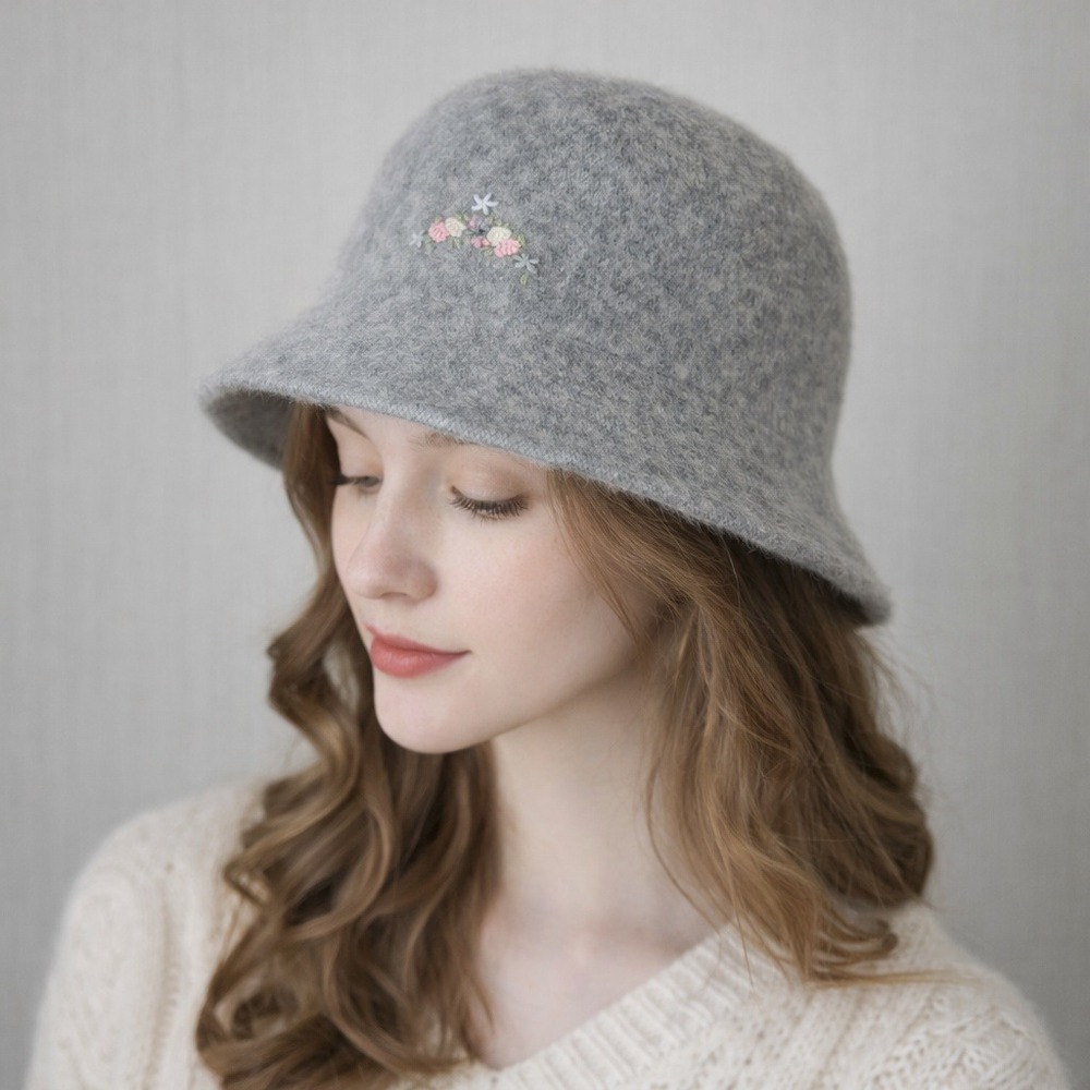 Gray Angora Wool Bucket Hat Floral Embroidered Y2K Coquette Soft‎ Girl